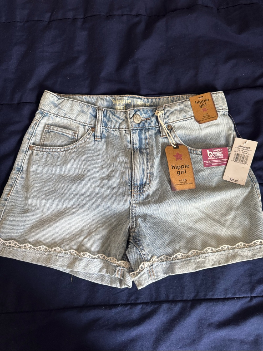 Hippie Girl Light Blue Denim Lace-Trim Kids Shorts